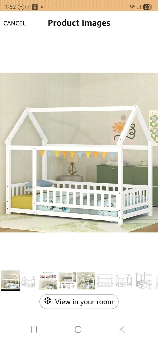 Bellemave Twin Size House Floor Bed,Wooden Montessori Bed with Fence and Roof for Kids,Twin Bed Frame for Boys,Girls(Twin,White)