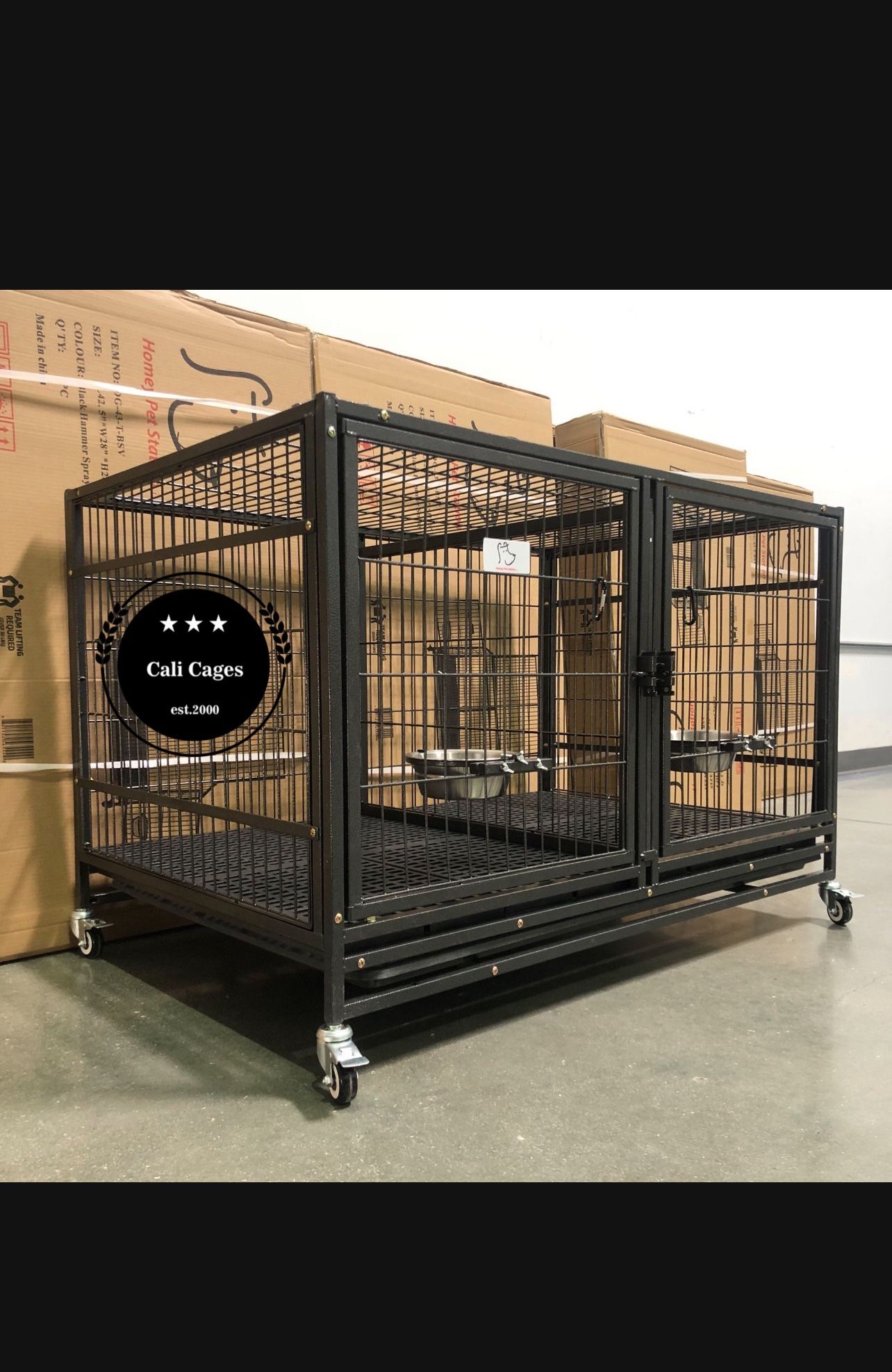 Dog Pet Cage Kennel Size 43” With Divider, Feeding Bowls, Trays And Plastic Floor Grid New In Box 📦