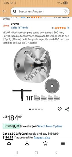 4-Jaw Lathe Chuck, 200 mm, Self-Centering Chuck with 1-1/2" (38 mm) 8 TPI Threaded Backplate, 4–200 mm Clamping Range with T-Handle Screws — VEVOR