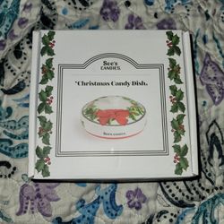 See’s Candy Christmas Wreath Covered Candy Dish Ceramic Checkered Trim Holiday