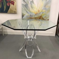 Vintage Lucite Octagon Glass Dining Kitchen Table (Delivery Service Available)