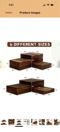 6 Pack Buffet Risers and Stands, Dessert Table Display Set with Mini Signs Natural wood, Nesting design, Versatile display sizes, Great for Buffets, P