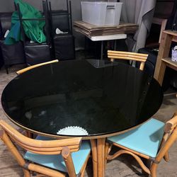 Vintage Bamboo Round Wood Table With 4 Chairs 