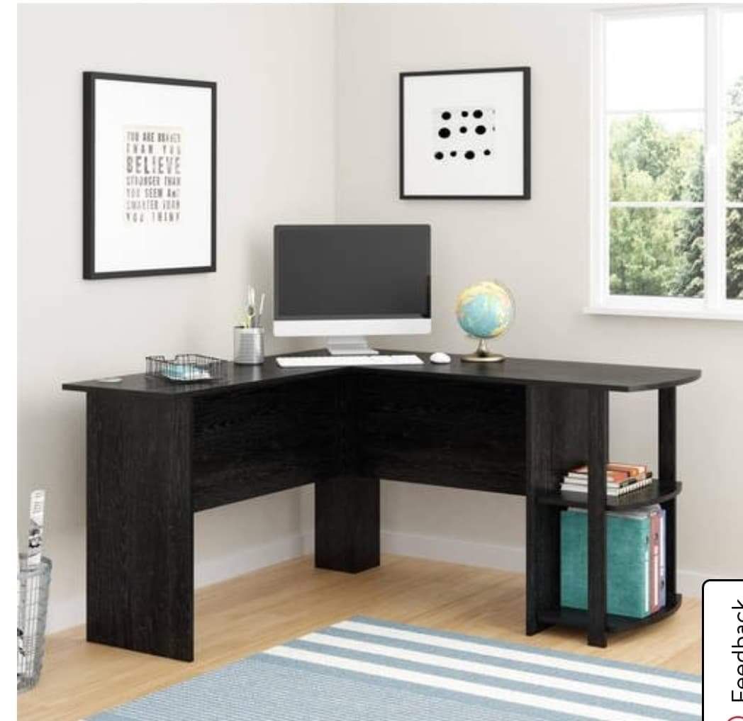 L Desk with Bookshelves, Black Oak (in box) 2 left $99.00 Desk fits perfectly in a corner, but provides plenty of space for all your office essential