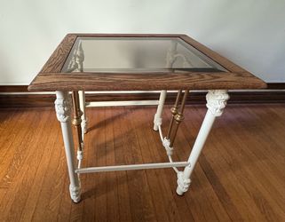 Beautiful Vintage End Table with Ivory Metal Base Oak and Beveled Glass Top - 24x21x24