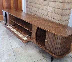 Midcentury Fluted TV Stand with Sliding Doors and storage shelf