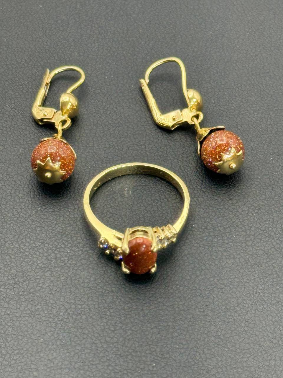 14k yellow gold Venturina stone Ball Leverback earrings and diamond ring sz 6.5 Set