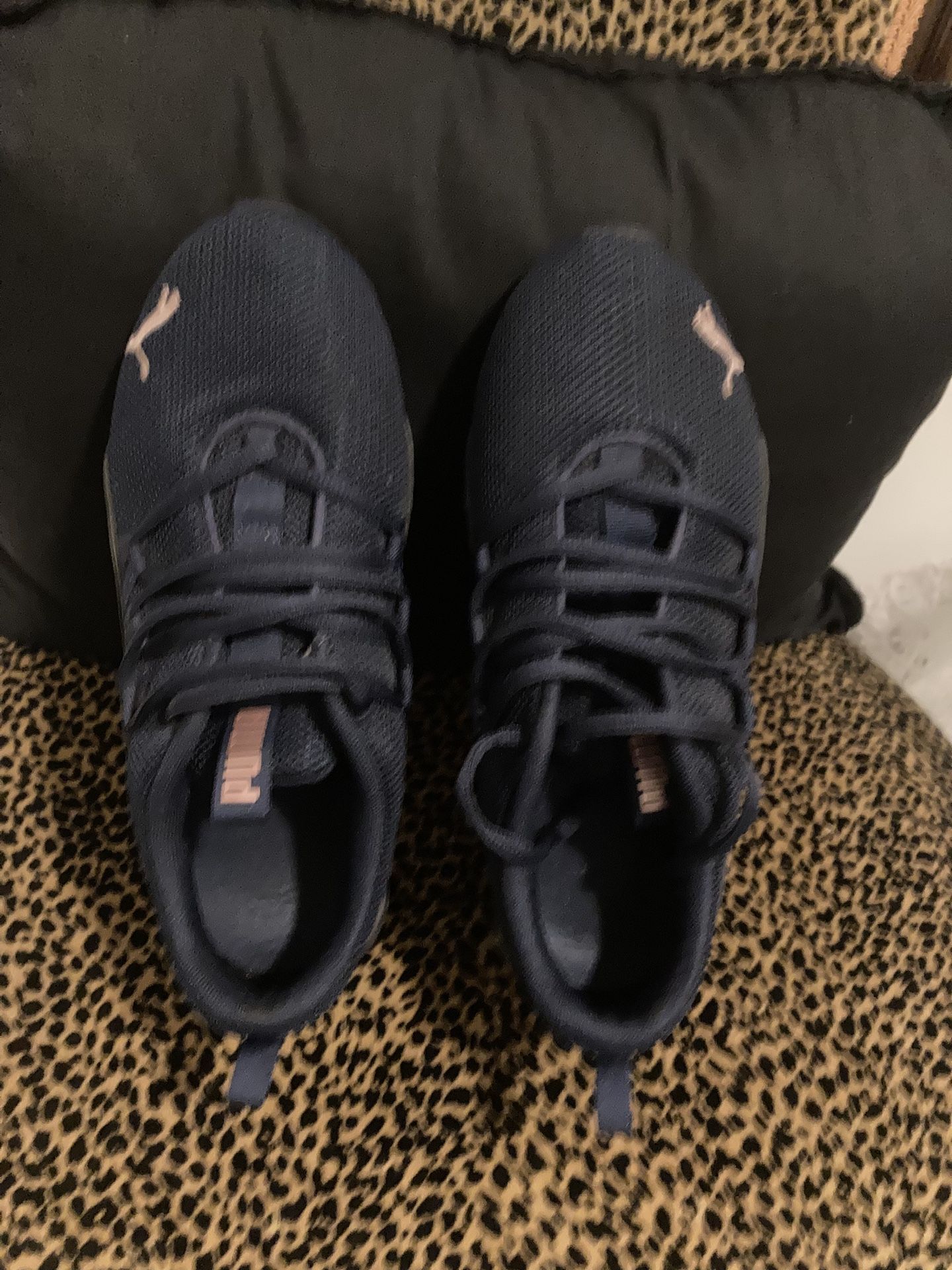 Selling a pair of PUMA Riaze Prowl Palm running sneakers in blue! Excellent condition like new They have a stylish design with a touch of rose gold ac