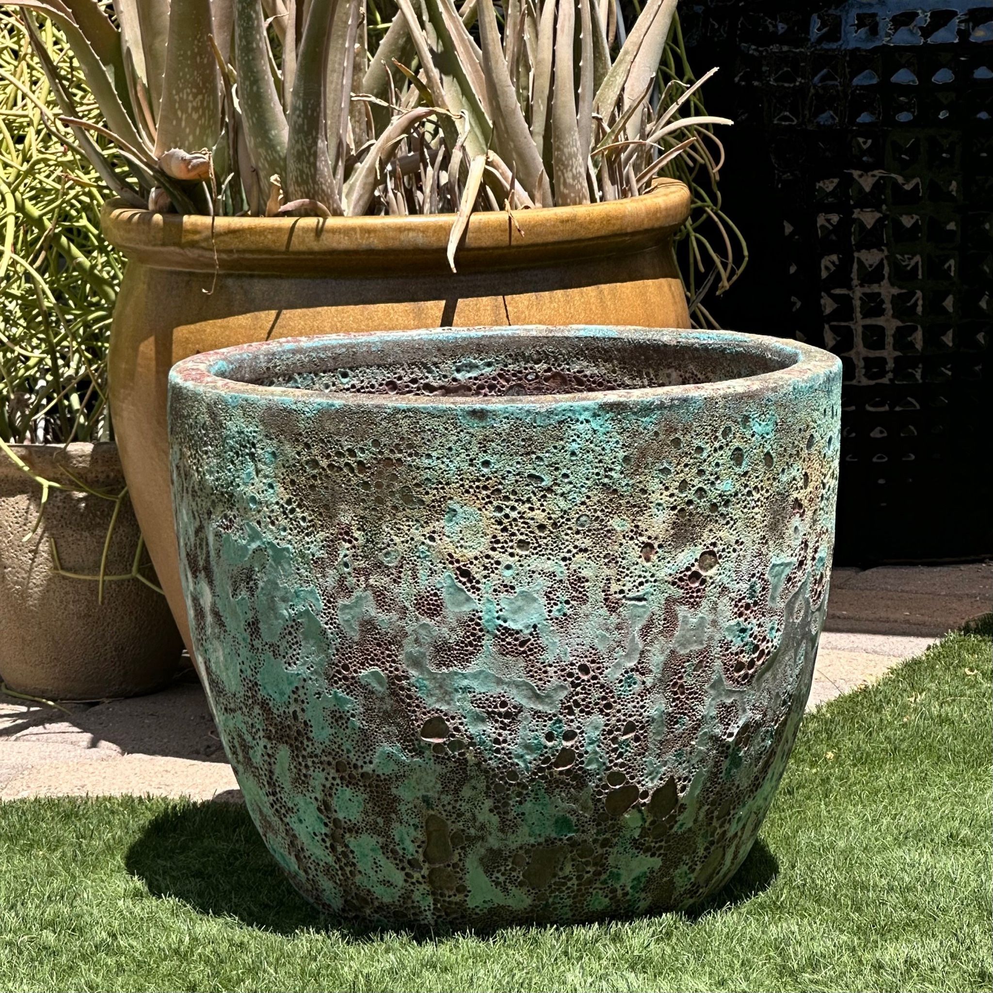16” tall x 19” wide Ceramic Outdoor Planter Pot in Aqua Green Glaze & Terracotta, Vietnam Pottery