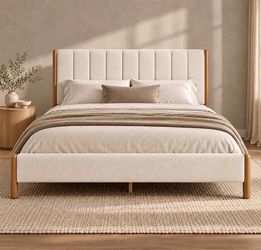 Queen Size Upholstered Bed Frame With Wood Legs