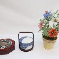 Chinese Jade Tree, Mother Of Pearl Box & Porcelain Stack Box With Carrier