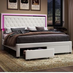 Jocisland Queen Size Bed Frame with LED Lights&Storage Drawers,Velvet Upholstered Platform Bed,No Box Spring Needed,White