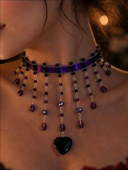 Romantic Gothic Handmade Choker with Purple Crystal and Onyx Heart