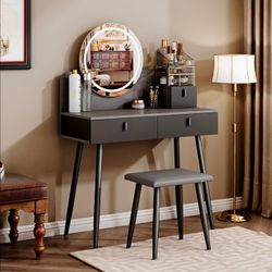 35" Makeup Vanity Desk with Mirror and Lights, 3 Modes Brightness Adjustable, Table Set with Vanity Stool 3 Sliding Drawers