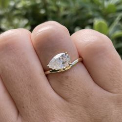 Brand New East West 3CT Pear Cut Moissanite Engagement Ring In Yellow Gold Vermeil 