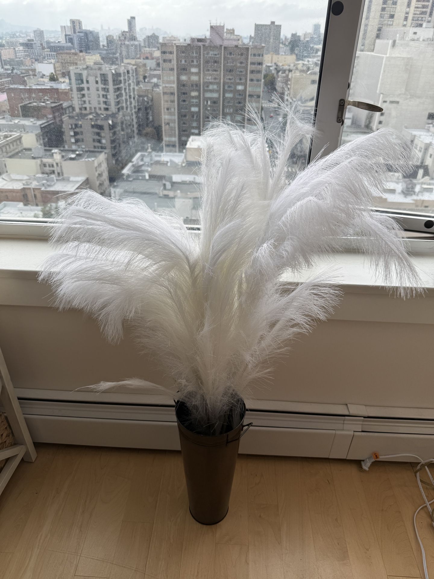 White Pampas Grass and 15” Antique Bronze French Bucket Vase