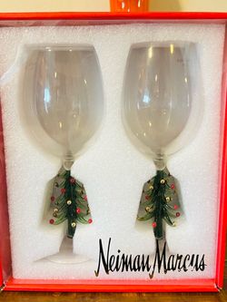 Neiman Marcus Christmas Tree Wine Glasses Set of 2 NIB NOS Holiday-Handblown