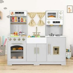 Wooden Kids Kitchen Playset, Interactive Pretend Kitchen Toys with Sounds & Lights, Stove, Microwave, Sink, Water Dispenser