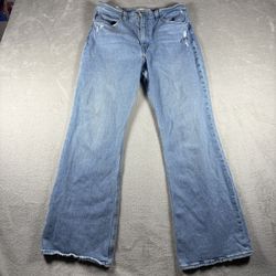 Levis Premium 70s High Flare Jeans Womens Size 31 Blue Distressed Big E #3013