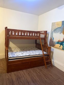 Full & Twin Wood Bunk Bed with Stairs and Storage