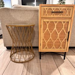 Rattan Boho accent Table & Gold Mirror Accent Table 