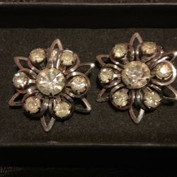 2 Pairs Of Vintage SilverTone Clip On Earrings With Sparkling Rhinestones 
