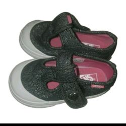 VANS Girls Size 4 Toddler Mary Janes Glitter Black Bling Loop Hook Slip On  