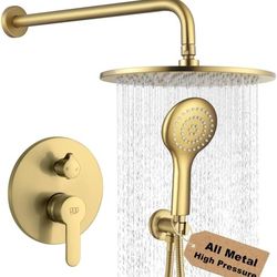 Shower Faucet Set Brushed Gold, All Metal 10 Inch Round Shower Head and Handle Set, Bathroom Rainfall Shower System, Wall Mounted Shower Fixtures, Inc