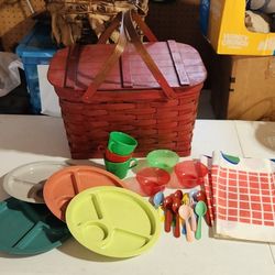 Estate Sale VTG MCM Red Wicker Woven Rattan Picnic Basket with Gitsware Plates, Table Cloth USA