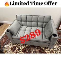 Gray Velvet Loveseat Pull Out Sofa Bed With Cup Holders And USB Charging Port 