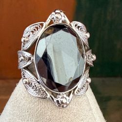 Sterling Silver  vintage Large Hematite Statement Ring Ornate Filigree Setting