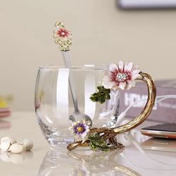 Elegant Glass Tea Cup with Floral Handle, Lid & Spoon – Gift Set