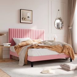 A887 $100  Full Upholstered Platform Bed Frame with Vertical Channel Tufted Velvet Fabric Adjustable Headboard, Wooden Slats Support, Mattress Foundat