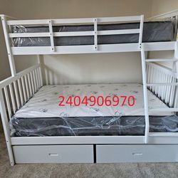 New White Color Twin Ful Wood Bunkbed With 2 Mattresses Special