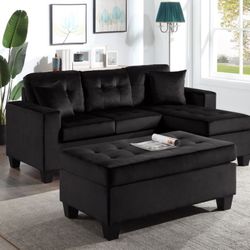 Black Velvet Reversible Sectional And Ottoman 