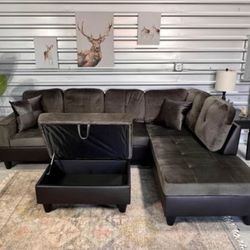 Dark Gray Sectional Sofa Grey  Microfiber Couch With Storage Ottoman And Pillows New In Packaging 