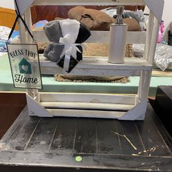 DIY shelf paint it to your liking comes with brand new towels , soap dispenser, home plaque 