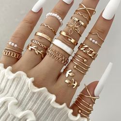 22pcs Set Alloy Drip Oil Imitation Pearl Ring Set