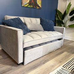 Light Gray Velvet Pull-Out Sleeper Sofa