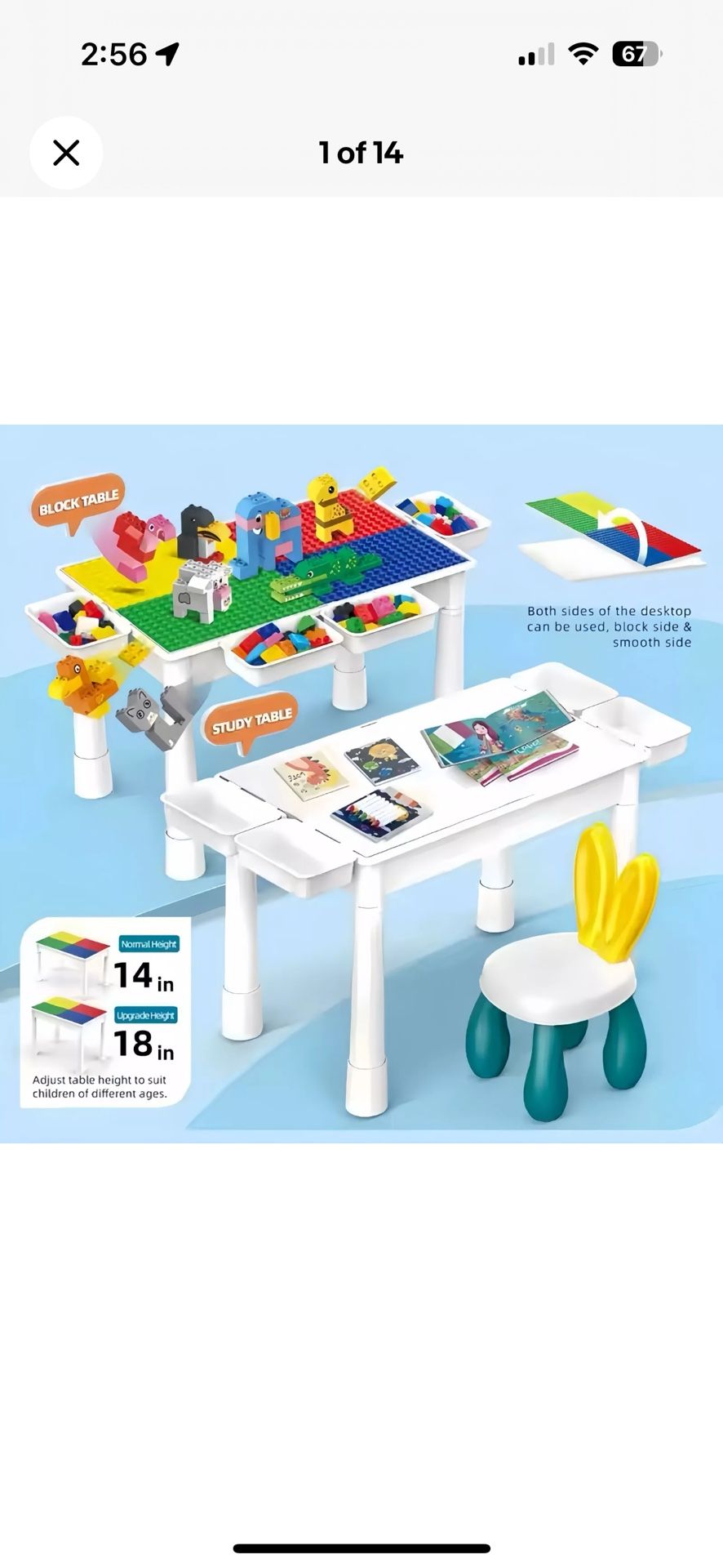 4-in-1 Kids Activity Table Building Block Play & Study Desk w/ Adjustable Height