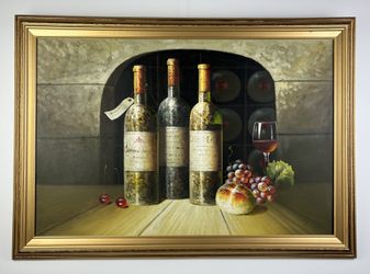 Large Framed Textured Wine Still Life Painting – 29" x 41"