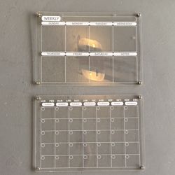 Acrylic Magnetic Calendar for Fridge, Set of 2 Clear Dry Erase Calendar Reusable White Planning Boards Monthly & Weekly