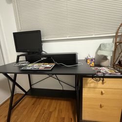 wood black desk with outlets and side table cabinet