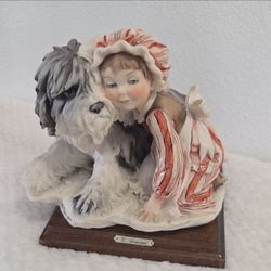 G. Armani Florence 1982 Girl Hugging Dog Porcelain Figurine Painted Wood Base