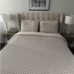 Queen upholstered bed frame with mattress and box spring - good condition.  