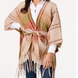 Vince Camuto Fringe Belted Waist Poncho Sweater Plaid Wrap Shaul O/S