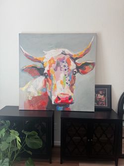 Large Colorful Longhorn Cow Canvas Painting