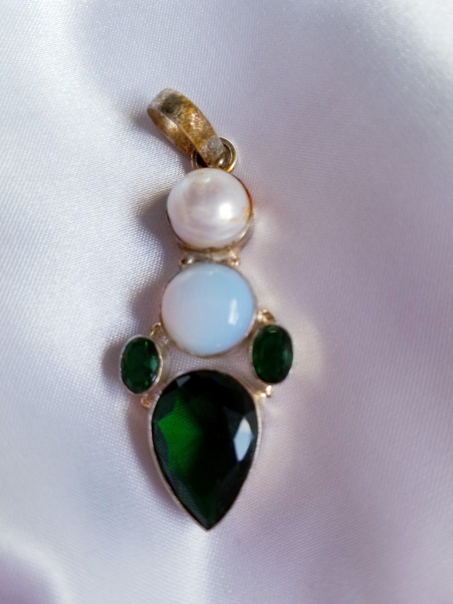 Emerald (lab), opal and pearl in sterling silver pendant, 2 1/4" long