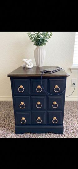 Navy Blue Nightstand w/ Built-In Charging Station & Espresso Top (Free Delivery)