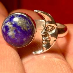 Handmade Crescent Moon & Earth Sterling Silver Adjustable Size 